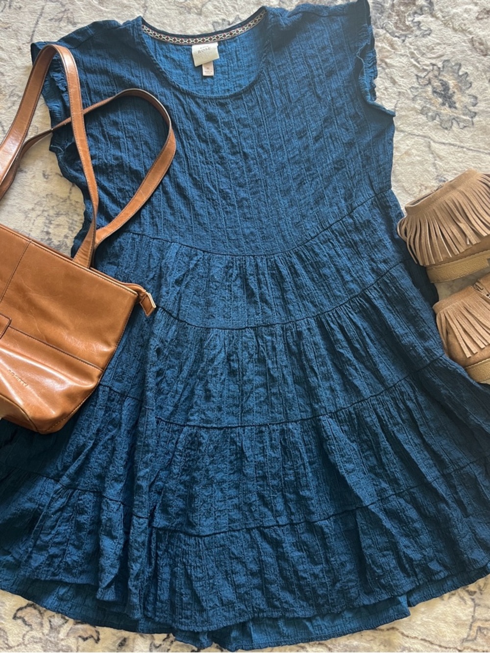 Knox Rose Teal Blue Asymmetrical Tiered Short Sleeve Dress
